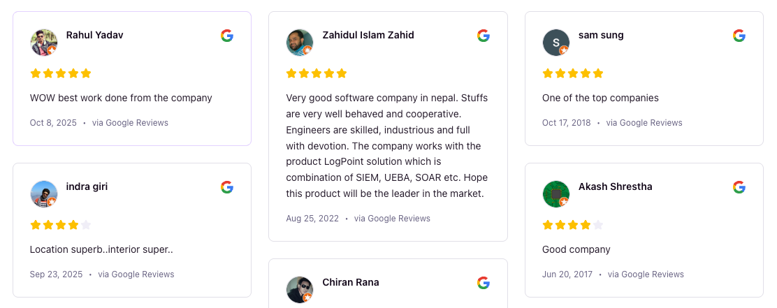 Screenshot showing a grid of positive customer testimonials with names like Rahul Yadav and Zahidul Islam Zahid, star ratings, and Google Reviews attribution.