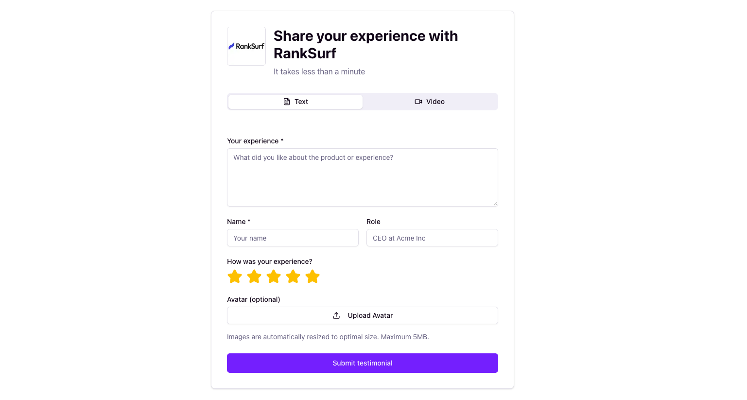 Screenshot of the RankSurf testimonial submission form, displaying fields for text experience, name, role (CEO at Acme Inc), a selected five-star rating, and an option to upload an avatar, with the 'Text' input mode highlighted.